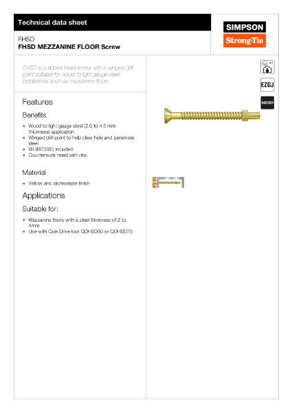 FHSD: MEZZANINE FLOOR Screw Technical Data Sheet