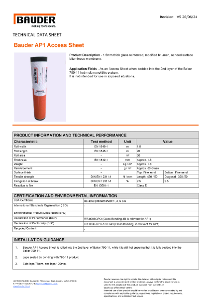 Bauder AP1 Access Protection Sheet - Technical Data Sheet