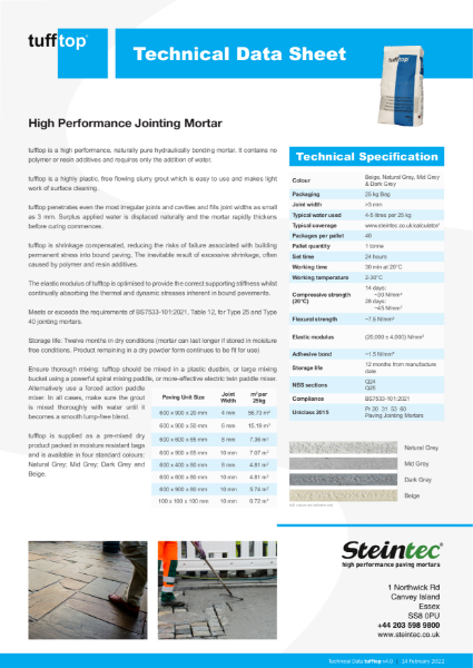 Technical Data tufftop high performance jointing mortar