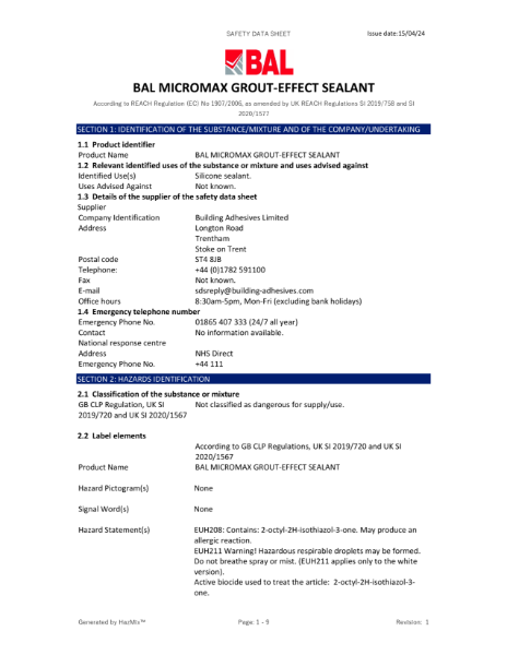 UK Safety Data Sheet - BAL Micromax Grout-Effect Sealant