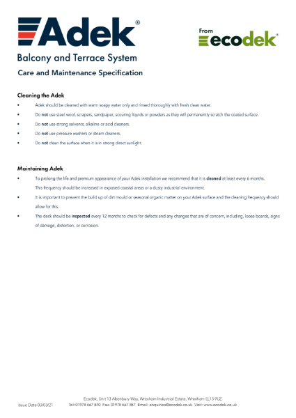 Adek Aluminium Decking Care & Maintenance Guide