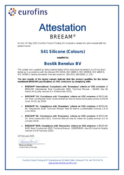 Bostik S41 Silicone (Colours) BREEAM Attestation