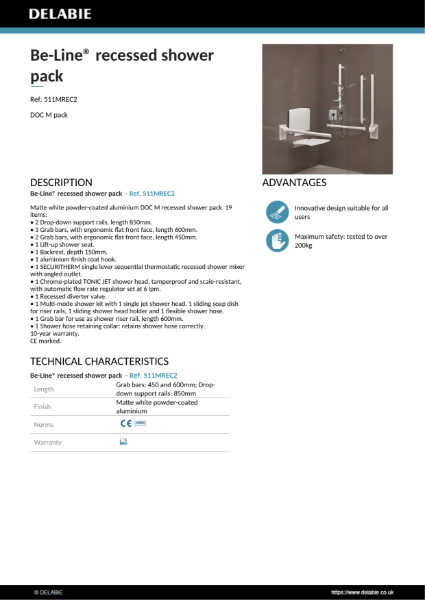 Doc M Shower Pack - Recessed, Matte White Product Data Sheet