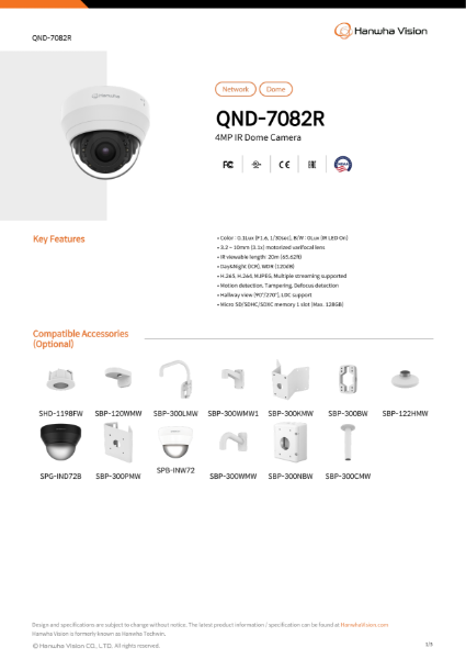 CCTV camera 4MP IR Dome (QND-7082R) data sheet