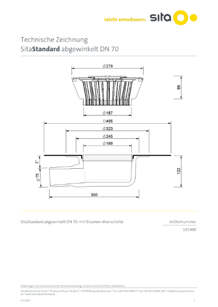 DN70 SitaStandard Angled Roof Outlet - Technical Drawing