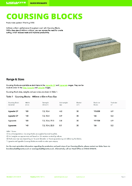 Lignacite Coursing Blocks Range Data Sheet