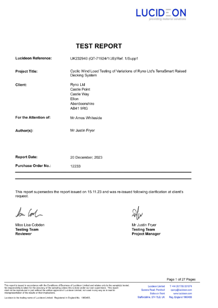 Cyclic Wind Load Testing report (wind uplift)