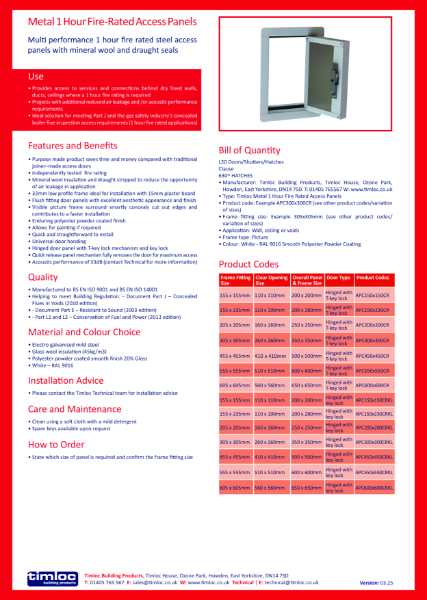 Metal Fire Rated Access Panels Datasheet