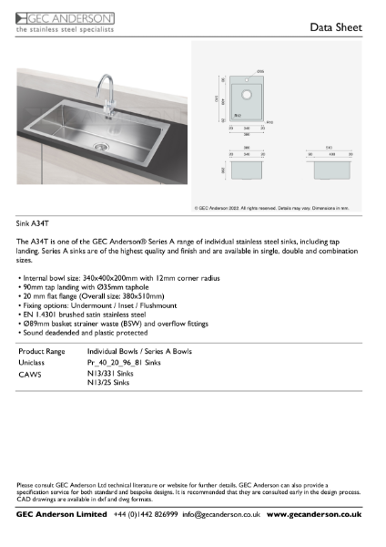 GEC Anderson Data Sheet - Series A sink: A34T