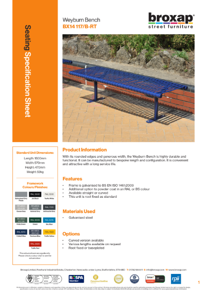 Weyburn Bench Specification Sheet