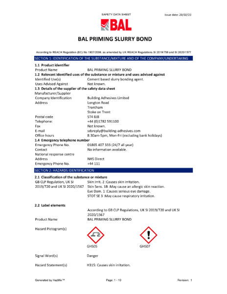 BAL Slurry Bond - Material Safety Datasheet