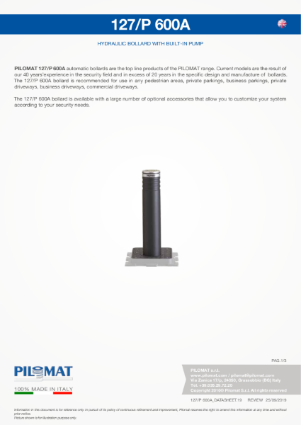 Macs 127/P600 Automatic Security Bollard Data