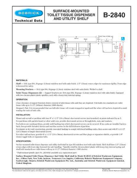 Surface-Mounted Toilet Tissue Dispenser and Utility Shelf - B-2840