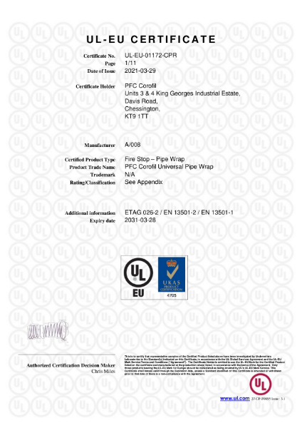 PFC Corofil Universal Pipe Wrap CUPW - UL-EU Certificate: 01172-CPR