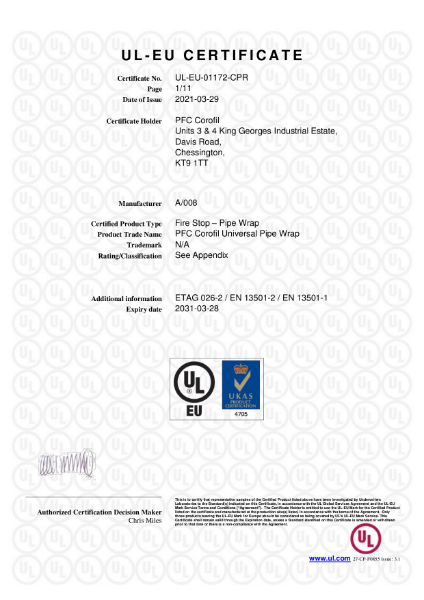 UL-EU Certificate: 01172-CPR | PFC Corofil Fire Stop Products | NBS Source