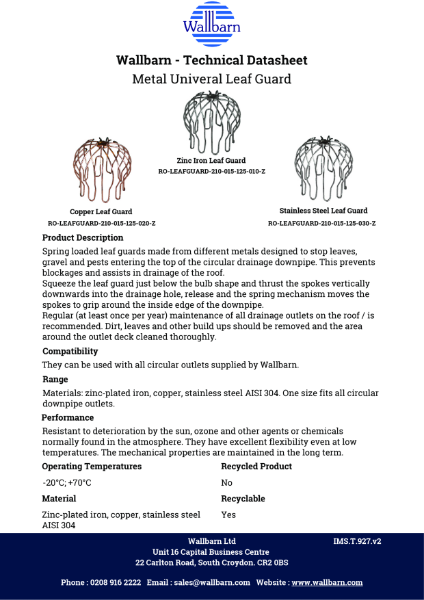 Datasheet - Round Universal Leaf & Gravel Guard -Zinc-Copper-Stainless Steel-Zinc