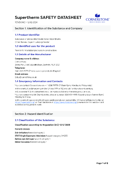 Cornerstone Supertherm Safety Datasheet