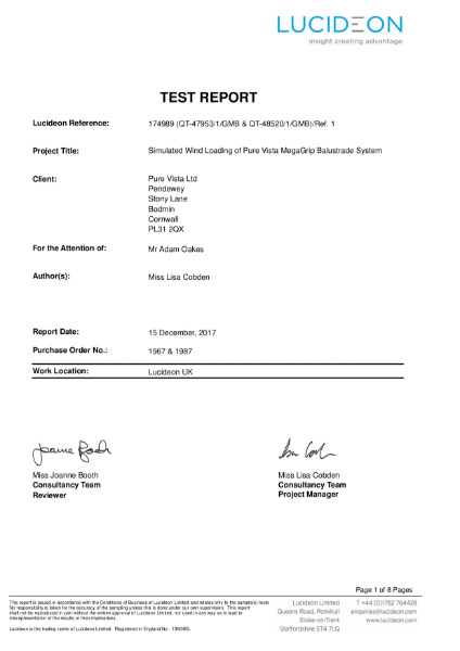 Mega-grip frameless glass balustrade Wind Load Report 1800mm high