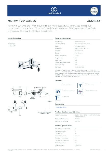 Datasheet - A6682AA MARKWIK 21+ SAFE SQ | Wall-mounted basin mixer