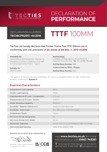 Timber Frame Ties TTTF 100mm - 100mm cavity - DoP