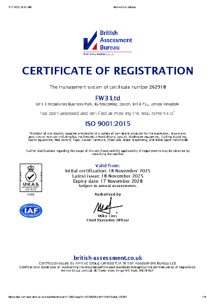 FW3 Ltd ISO9001 Quality Management Certificate