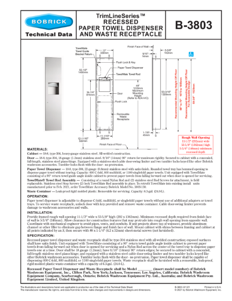 TrimLineSeries™ Recessed Paper Towel Dispenser and Waste Receptacle - B-3803