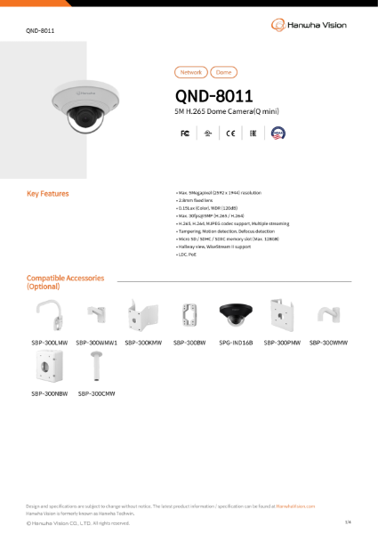 CCTV camera 5MP Mini Dome (QND-8011) data sheet