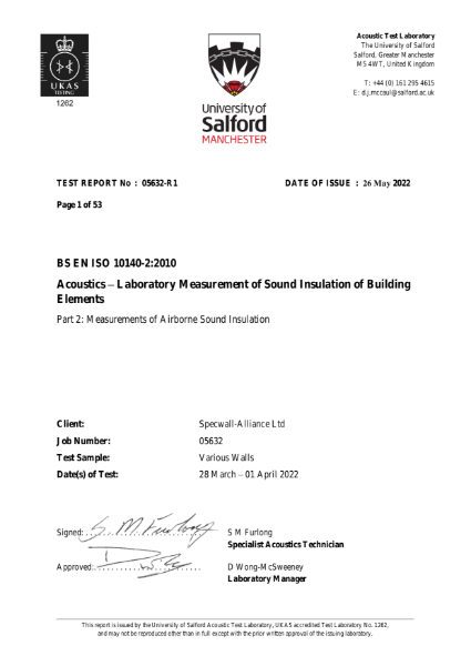 Specwall - UKAS - Acoustic Test - BS EN ISO 10140-2:2010 - 75mm & 100mm Standard/Hybrid