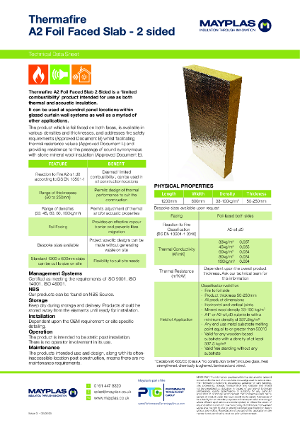 Mayplas Thermafire A2 Foil Faced Slab 2 sided - TDS issue 2 05 2025