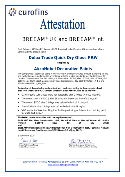 Dulux Trade QD Gloss BREEAM Attestation