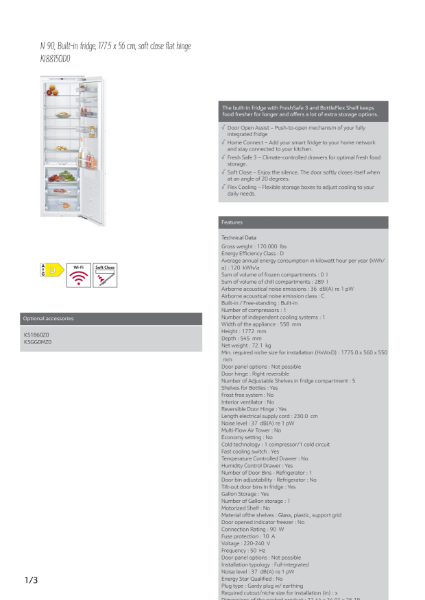 N 90, Built-in fridge, 177.5 x 56 cm, soft close flat hinge
KI8815OD0