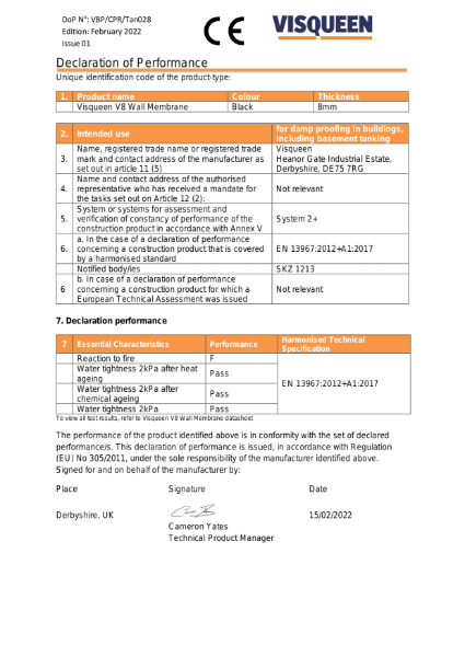 Tanking CE Visqueen V8 Wall Membrane Declaration of Performance