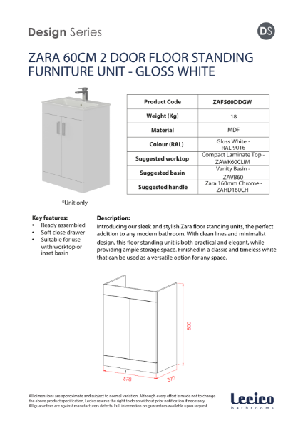 Zara 60 cm 2 Door Floor Standing Unit - Gloss White