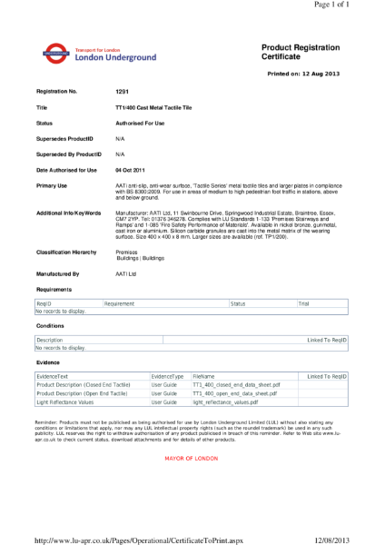 AATi certificate for AATi Anti-slip Corduroy Tacile Tiles ref TT1 400