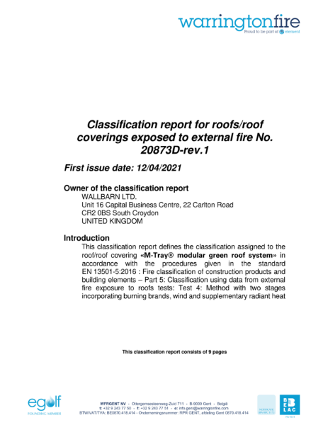 M-Tray® Modular Green Roof System - t(4) External Fire Exposure to Roofs - Classification Report