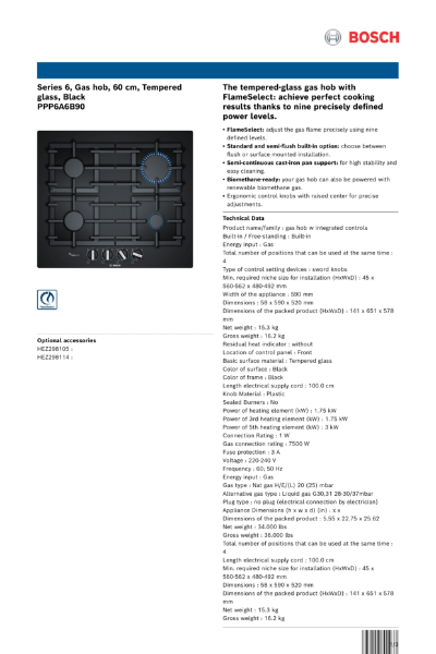 Series 6, Gas hob, 60 cm, Tempered glass, Black PPP6A6B90