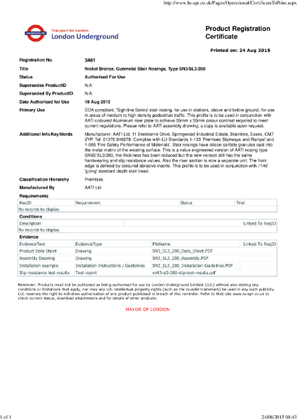 AATi certificate for product ref SN3 SL3 280 value engineered product