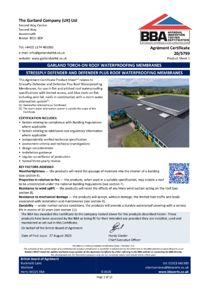 StressPly Defender and Defender Plus BBA Certificate: 20/5799