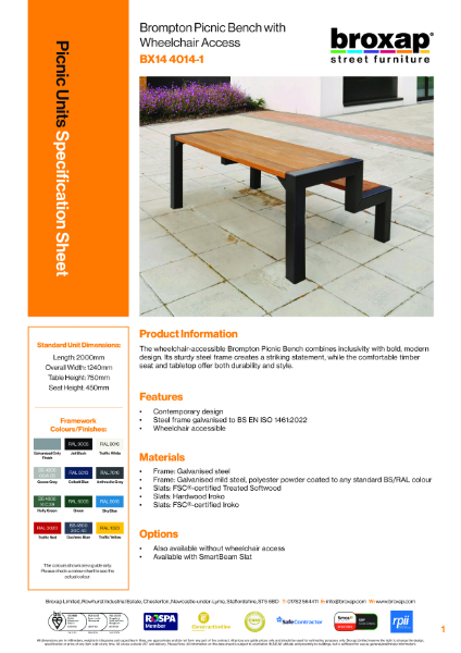 Wheelchair Accessible Brompton Smart Picnic Bench