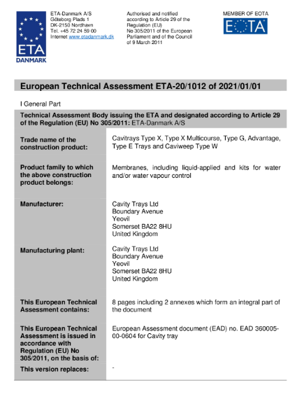 European Technical Approval - Cavity Trays