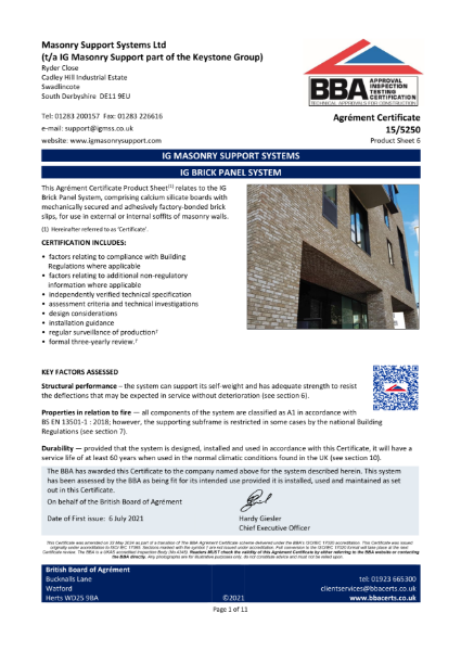 BBA Product Certification Brick Panel System May 2024