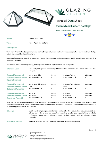 Fixed Lantern Rooflight Product Data Sheet