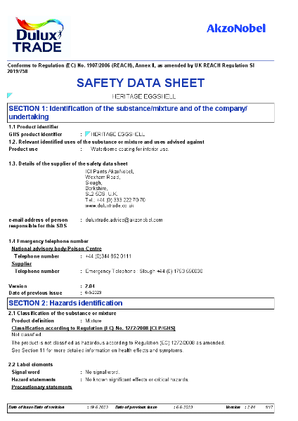 Dulux Heritage Eggshell - Safety Data Sheet