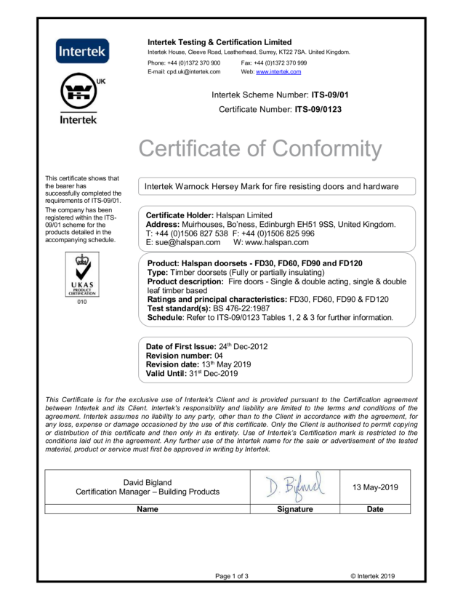 Halspan Intertek Certificate of Conformity