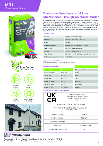 ecorend MR1 Monocouche One Coat Render - TDS