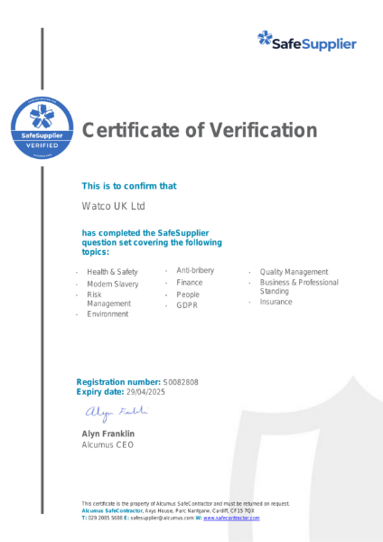 Alcumus SafeSupplier Certificate - Watco UK Ltd