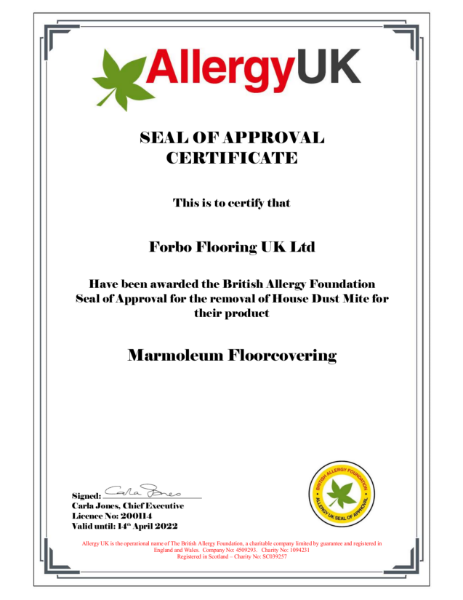 British Allergy Foundation:  Seal of Approval for Marmoleum