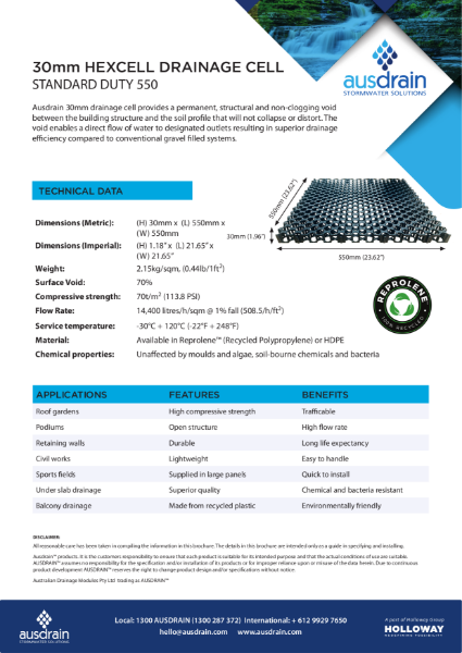 30mm HexCell Drainage Cell Technical Data Sheet