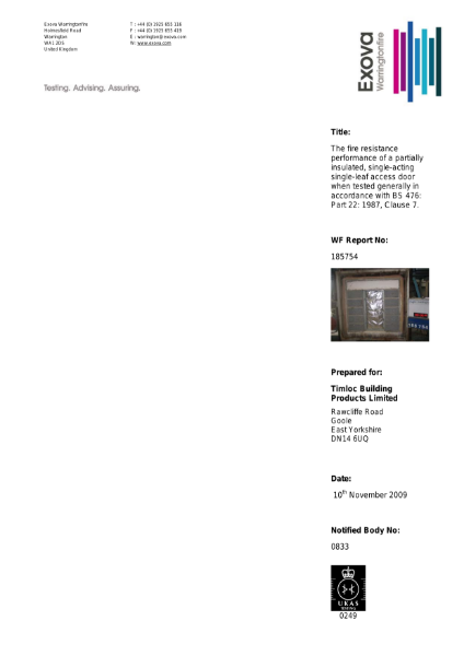 Fire Test Report 185754 for Z-Series Metal 1 Hour Fire Rated Loft Access Doors