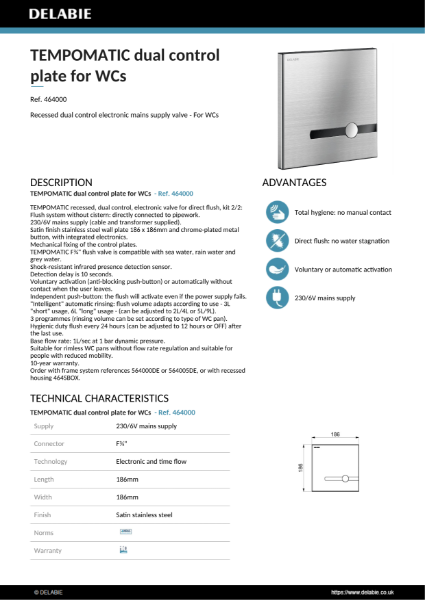 TEMPOMATIC Dual Control WC flush plate Mains Data sheet - 464000